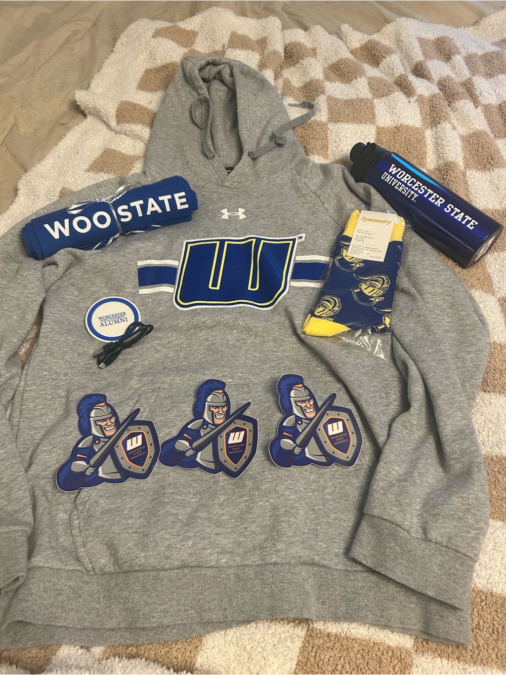 Under Armour Worcester State Grey Hoodie, shirt water bottle,socks stickers